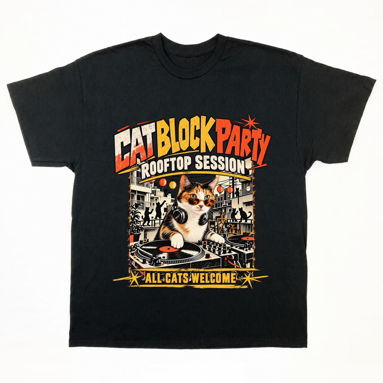 BLOCK PARTY Tシャツの正面イメージ(ブラック・猫)