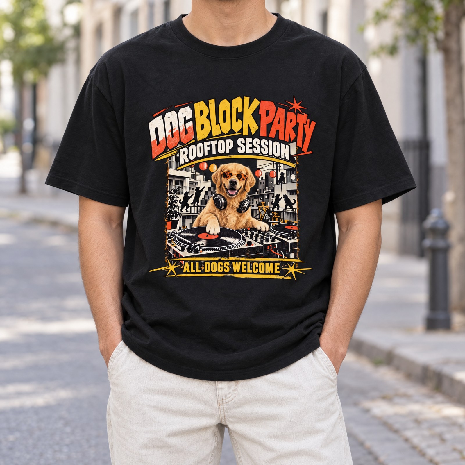 BLOCK PARTY Tシャツの着用イメージ(ブラック・犬)