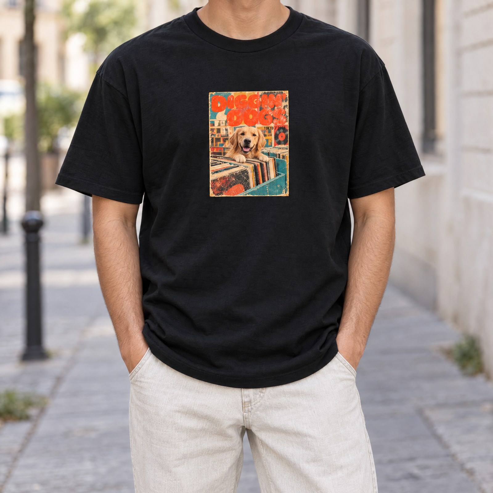 DIGGIN' CATS Tシャツの着用イメージ(ブラック・犬)