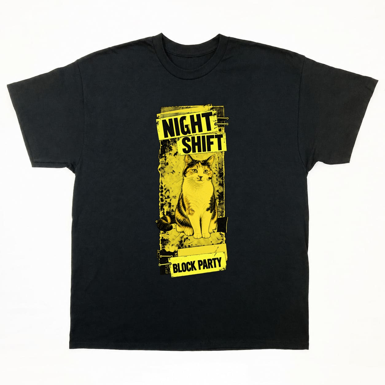 NIGHT SHIFT Tシャツの正面イメージ(ブラック・猫)