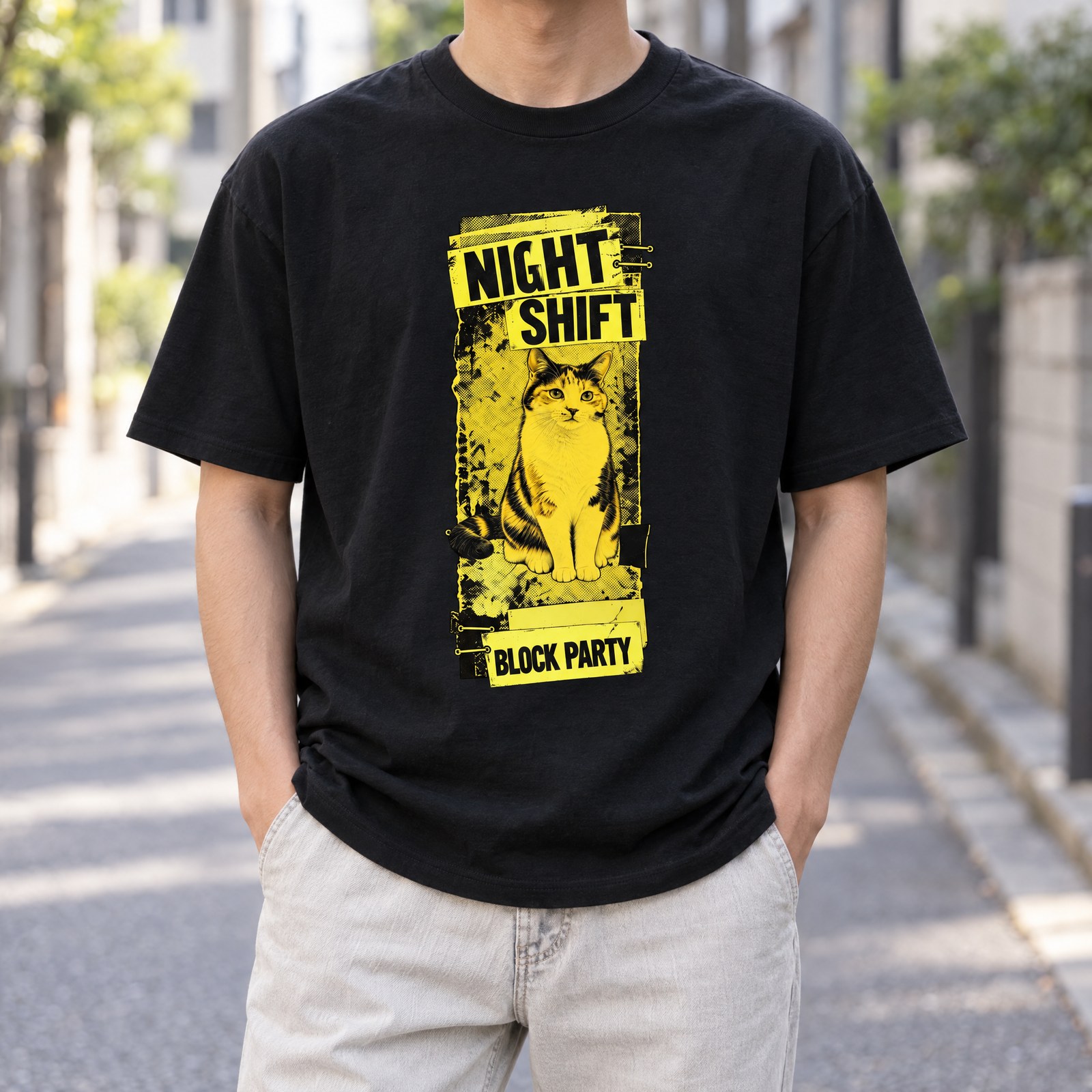NIGHT SHIFT Tシャツの着用イメージ(ブラック・猫)