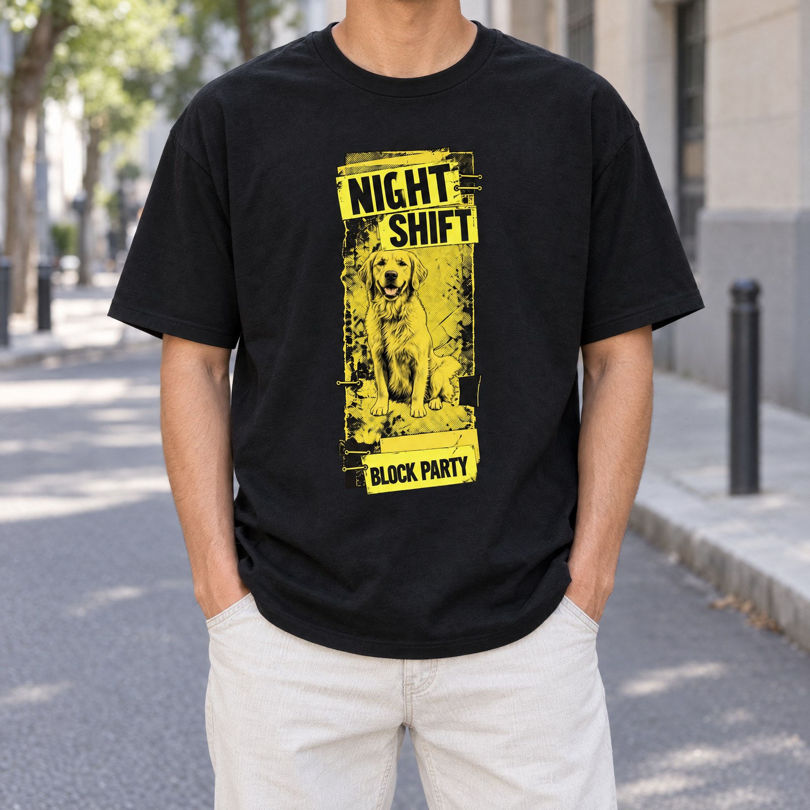 NIGHT SHIFT Tシャツの着用イメージ(ブラック・犬)