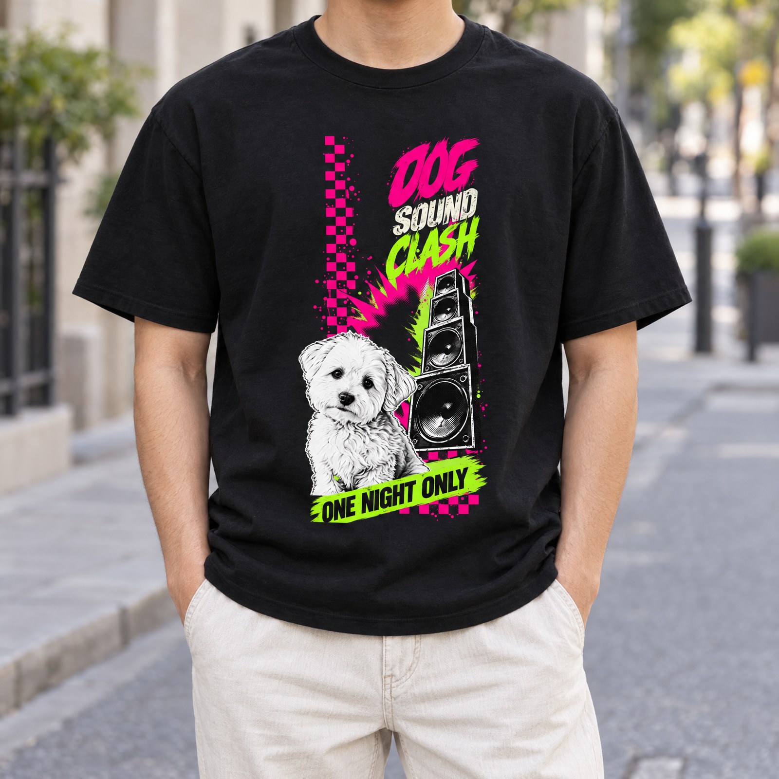 SOUND CLASH Tシャツの着用イメージ(ブラック・犬)