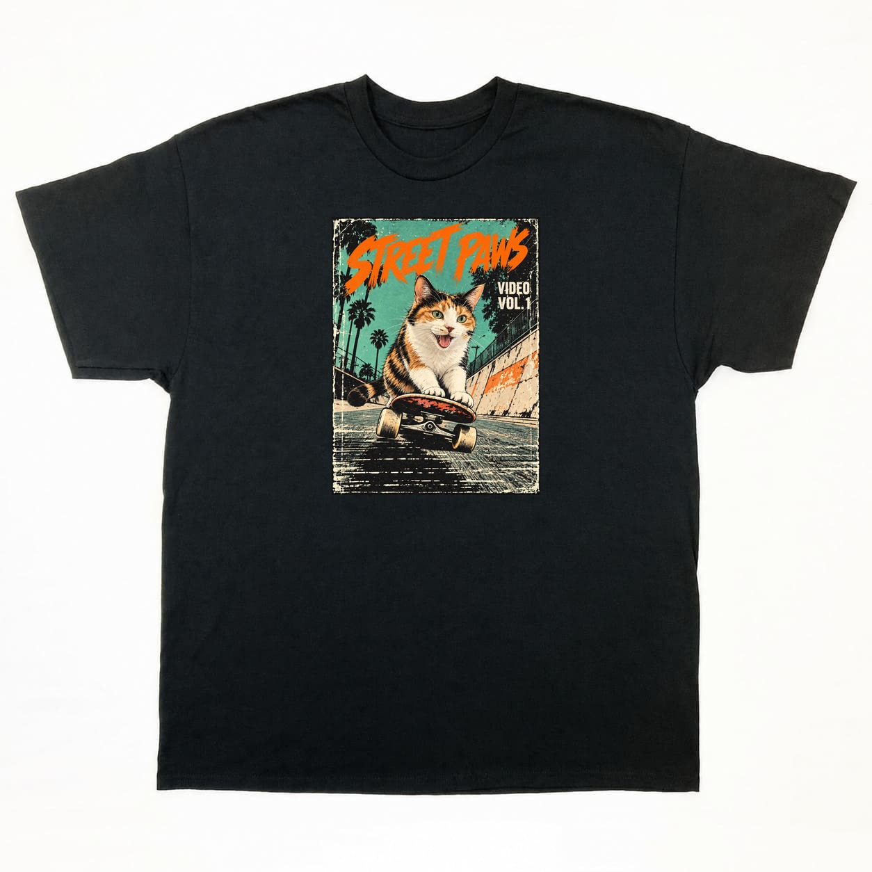 STREET PAWS Tシャツの正面イメージ(ブラック・猫)