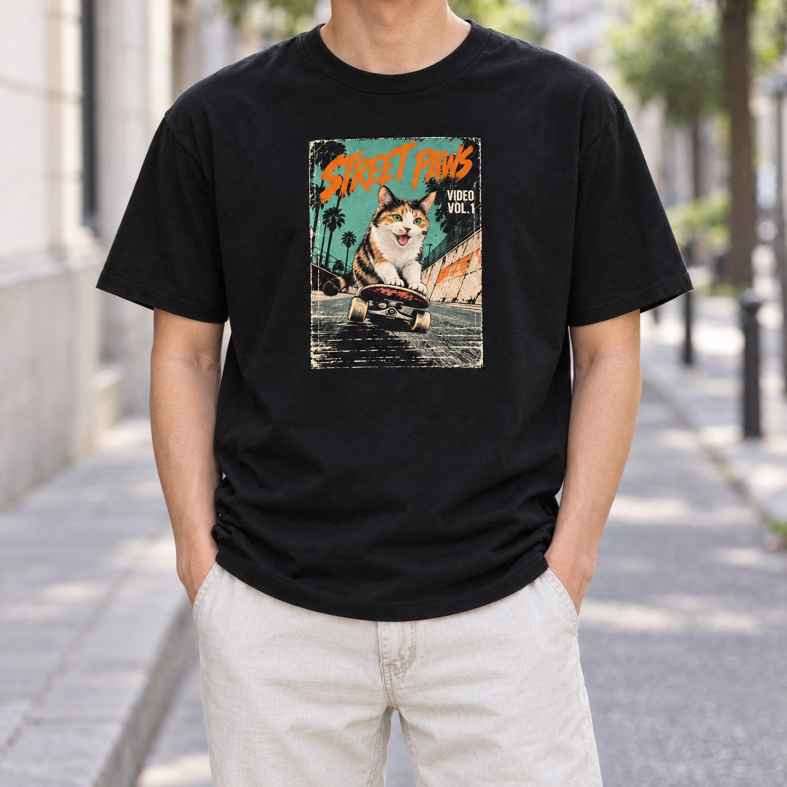 STREET PAWS Tシャツの着用イメージ(ブラック・猫)